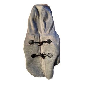 Dog coat, gray fur hood ￼ Velcro closure, toggle buttons, size small